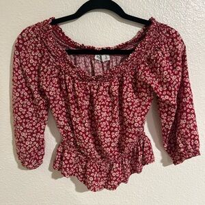 Hollister Red Floral Ruffle Off Shoulder 3/4 Sleeve Top Blouse: Womens Small!